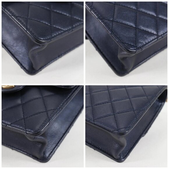CHANEL Matelasse Chain Shoulder Bag Lamb Skin Navy CC Auth 132881M - Picture 14 of 16